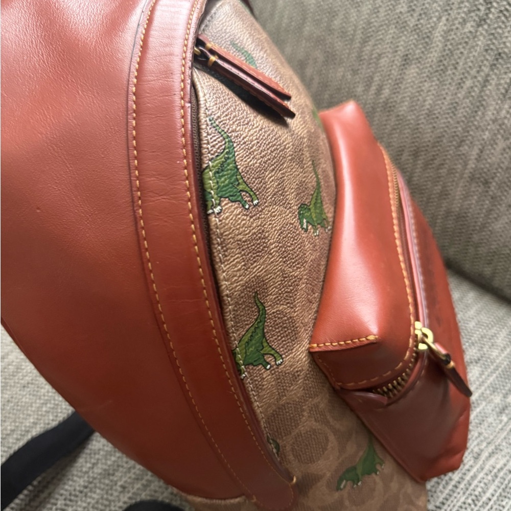 Coach Rexy Medium Backpack with Green Dino Print and Rust Leather - Picture 9 of 10